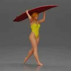 woman in yellow swimsuit carrying a red surfboard on her shoulders