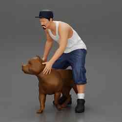 gangster homie in cap and short with his pitbull dog on the street