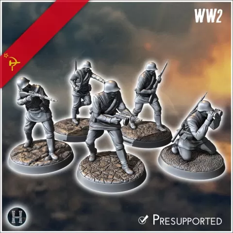 Set of five Soviet Russian Red Army soldiers (WW2 USSR) (with Mosin-Nagant + PPSh-41) (4) - Soviet army WW2 Second World East front Ostfront RPG Mini Hobby by Hartolia Miniatures