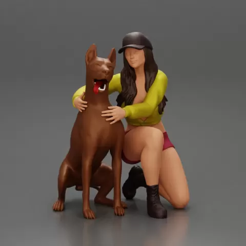 Young woman in a cap and mini jacket sitting and hugging her happy dog by 3DGeschaft Miniatures Figures