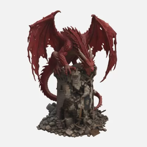 Dragon on Ruined Castle Tower Destroyed Medieval Watchtower Fantasy Dragon Terrain DnD Tabletop Scenery "fantasy scenery SERIES"