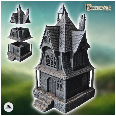 Large medieval house with awning and concave roofs (36) - Medieval Middle Earth Age 28mm 15mm RPG Shire by Hartolia Miniatures