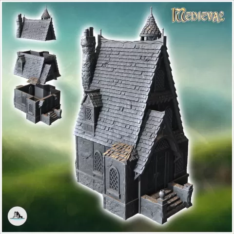 Large medieval mansion with access staircase and tiled roof (35) - Medieval Middle Earth Age 28mm 15mm RPG Shire by Hartolia Miniatures