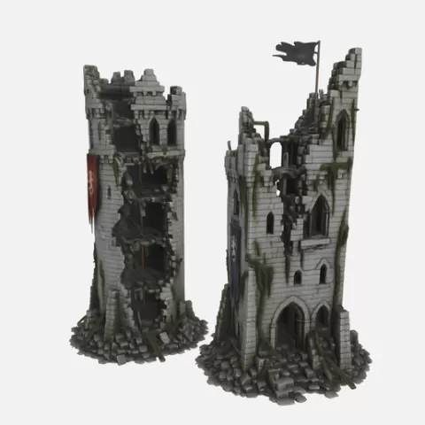 2 Ruined Castle Towers Destroyed Medieval Watchtower Fantasy Fortress Tower DnD Tabletop Terrain"fantasy scenery SERIES"