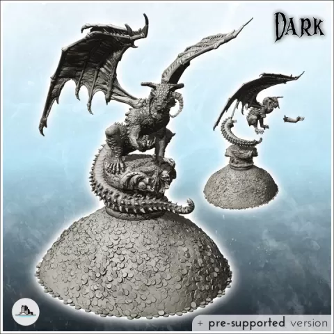 Menacing dragon on rock with double manes (30) - Medieval Dark Chaos Animal Beast Undead Tabletop Terrain by Hartolia Miniatures