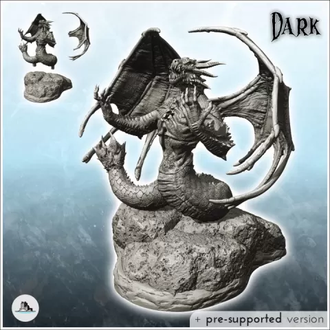 Broad-tailed dragon with spiked wings on rock (28) - Medieval Dark Chaos Animal Beast Undead Tabletop Terrain by Hartolia Miniatures