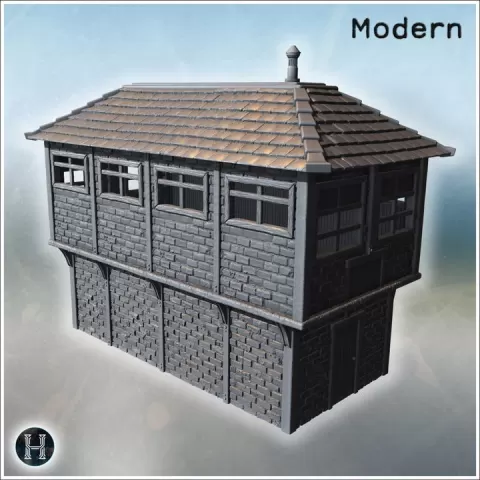 Two-storey rectangular brick building with slate roof and wooden beams (17) - Modern WW2 WW1 World War Diaroma Wargaming RPG Mini Hobby by Hartolia Miniatures