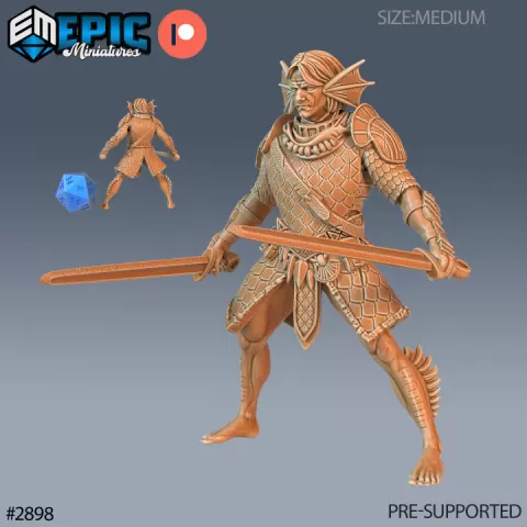 Triton Warrior Dual Swords / Sea Guard / Male Water Lord / Aqua Folk / Underwater Encounter by Epic-Miniatures