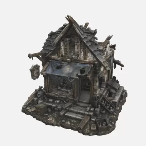 Ruined Medieval Shop Destroyed Fantasy Store Pillaged Village Building Terrain Destroyed Medieval Storefront Ruined Fantasy Village Shop for DnD Terrain & Dioramas "fantasy scenery SERIES"