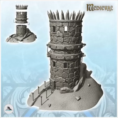 Stone tower bristling with logs with door and torchlight access path (12) - DnD Wargaming Medieval War of the Rose Saga by Hartolia Miniatures
