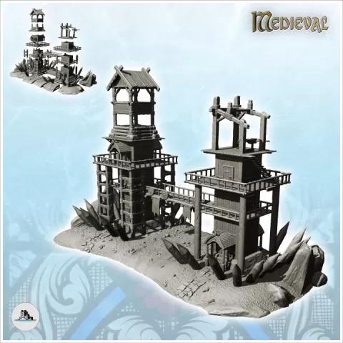 Fortified outpost with two wooden towers and footbridge (2) - DnD Wargaming Medieval War of the Rose Saga by Hartolia Miniatures