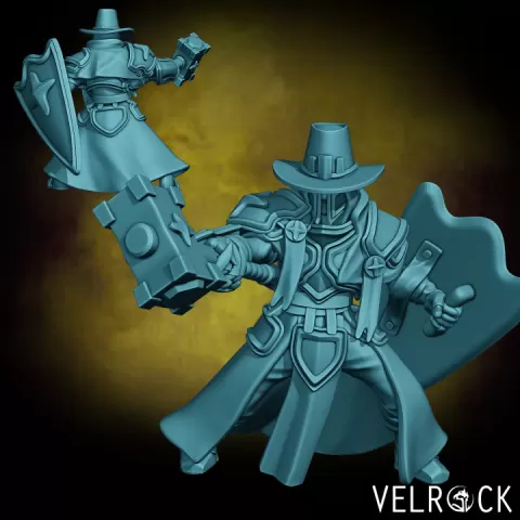 Witch Hunter Cleric with Sword/Hammer/Crossbow and Shield (Male) (PRESUPPORTED) by Velrock Art Miniatures