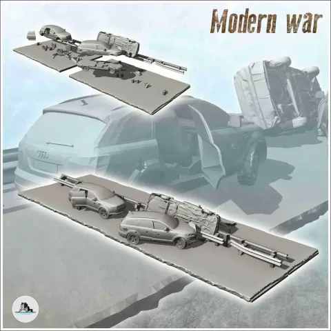Carcass of Audi Q5 and modern cars on road (7) - scenery min - Hartolia Miniatures
