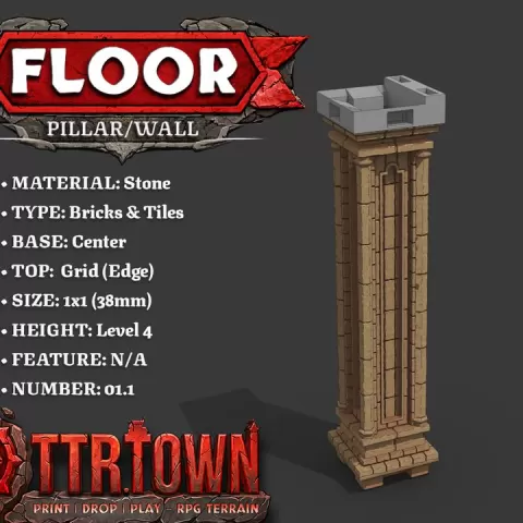 Floor - Wall Pillar - 1x1 - Level 04 - Top (GRID - EDGE) - Base (CENTER) 1.1 - DnD Town Minis by TTR.Town