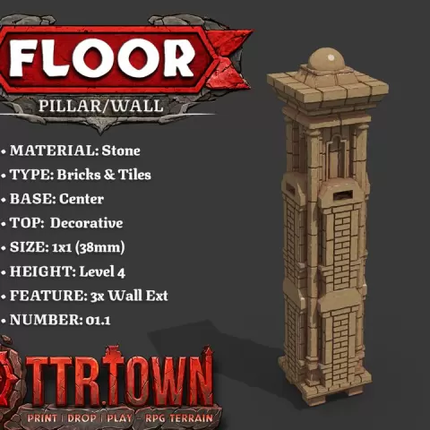 Floor - Wall Pillar - 1x1 - Level 04 - Top (DECORATIVE) - Base (CENTER) - 3x Wall Extension - DnD Town Minis by TTR.Town