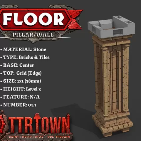 Floor - Wall Pillar - 1x1 - Level 03 - Top (GRID - EDGE) - Base (CENTER) 1.1 - DnD Town Minis by TTR.Town