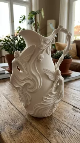 Ethereal Fairy Garden Sculptural Pitcher – Whimsical Art Nouveau Home Decor