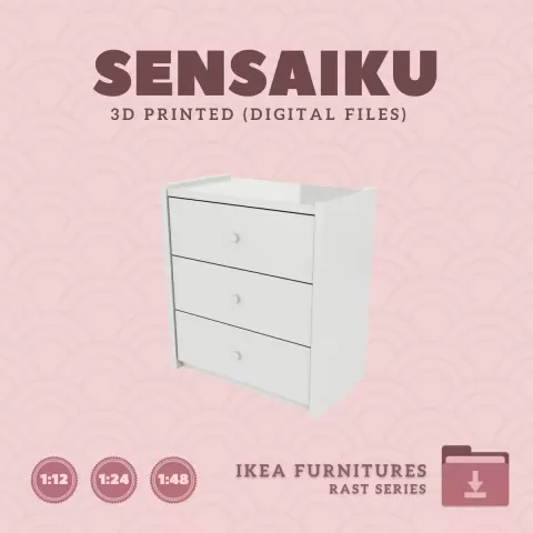 Miniature Replica 01. RAST 3 Drawer Chest for Miniature Dollhouse - IKEA - 3D Print Instant Download