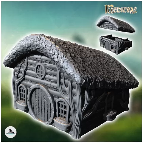 Hobbit house with sloping concave roof and round wooden door - Hartolia Miniatures