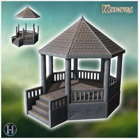 Gazebo with a conical roof, columns, and surrounding steps for a garden setting (24) - Medieval Gothic Feudal Old Archaic Saga 28mm 15mm RPG by Hartolia Miniatures