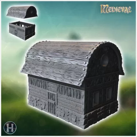 Medieval house with a curved wooden roof, stone foundation, and small windows (22) - Medieval Gothic Feudal Old Archaic Saga 28mm 15mm RPG by Hartolia Miniatures