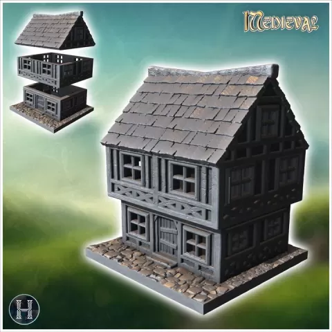 Two-story medieval house with a steep roof, multiple windows, and stone foundation (6) - Medieval Gothic Feudal Old Archaic Saga 28mm 15mm RPG by Hartolia Miniatures