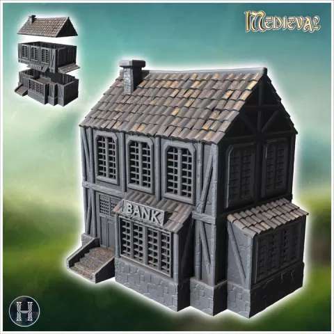 Medieval bank building with a stone base, wooden upper floors, and a shingled roof (2) - Medieval Gothic Feudal Old Archaic Saga 28mm 15mm RPG by Hartolia Miniatures