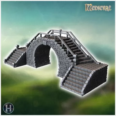 Medieval stone bridge with right-angled staircase and wooden railing (3) - Medieval Gothic Feudal Old Archaic Saga 28mm 15mm RPG by Hartolia Miniatures