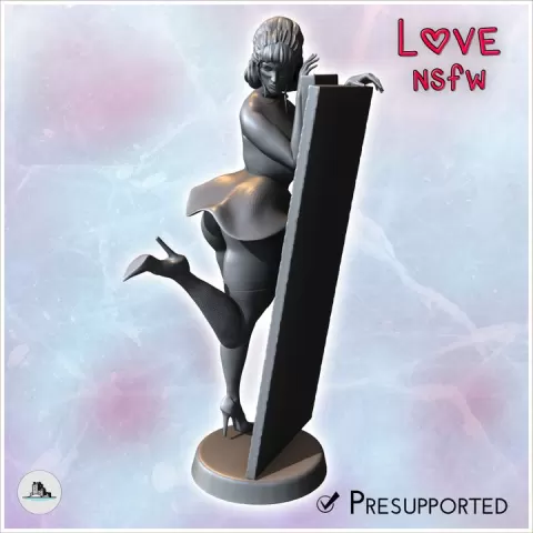 Woman in a playful pose with one leg raised, leaning against a large rectangular object (27) - NSFW Girl Sexy Collectible Hentai RPG Hot Miniatures Female Tabletop by Hartolia Miniatures