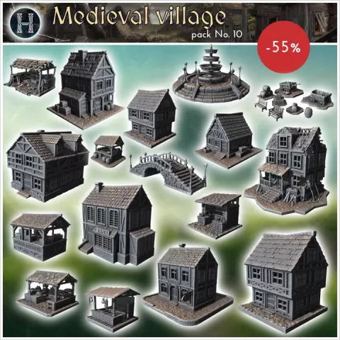 Medieval village pack No. 10 - Medieval Gothic Feudal Old Archaic Saga 28mm 15mm RPG by Hartolia Miniatures