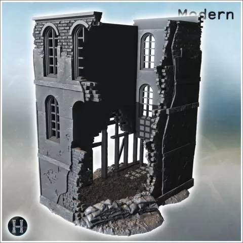 Ruined brick wall with collapsed roof sections and scattered debris on the ground (9) - Modern WW2 WW1 World War Diaroma Wargaming RPG Mini Hobby by Hartolia Miniatures
