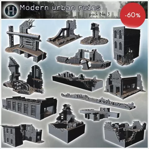 Modern urban ruins pack No. 3 - Modern WW2 WW1 World War Diaroma Wargaming RPG Mini Hobby by Hartolia Miniatures