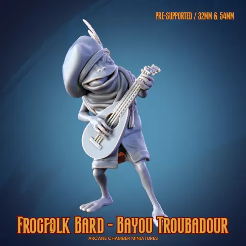 Frogfolk Bard with Lute and Feathered Beret - Bayou Troubadour (Pre-supported) by Arcane Chamber Miniatures
