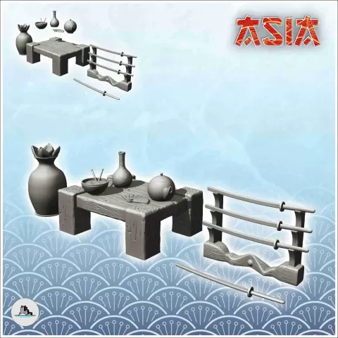 Set of japanese interior furniture with katanas (7) - asian - Hartolia Miniatures