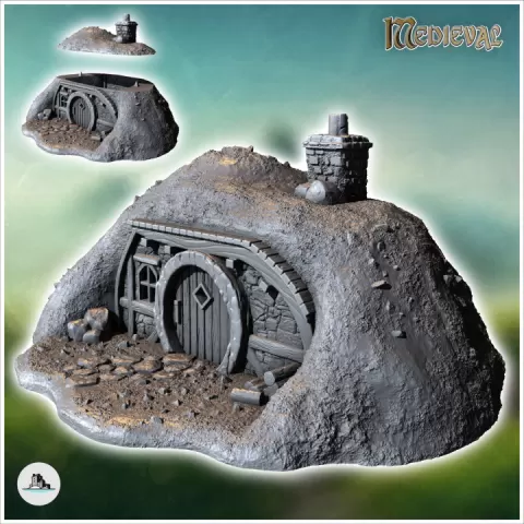 Hobbit house under ground with round door, fireplace and wooden barrier (30) - Medieval Fantasy Magic Feudal Old Archaic Saga 28mm 15mm by Hartolia Miniatures