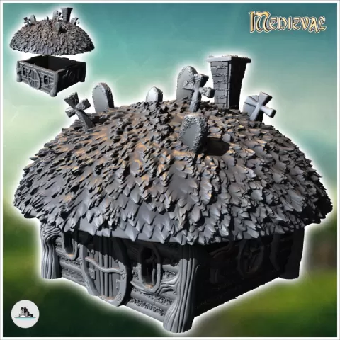 Round medieval hobbit house with cross on roof and round door (15) - Medieval Fantasy Magic Feudal Old Archaic Saga 28mm 15mm by Hartolia Miniatures