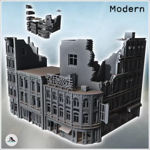Set of ruined corner urban buildings with "The Majes" store and brick roof (22) - Modern WW2 WW1 World War Diaroma Wargaming RPG Mini Hobby by Hartolia Miniatures