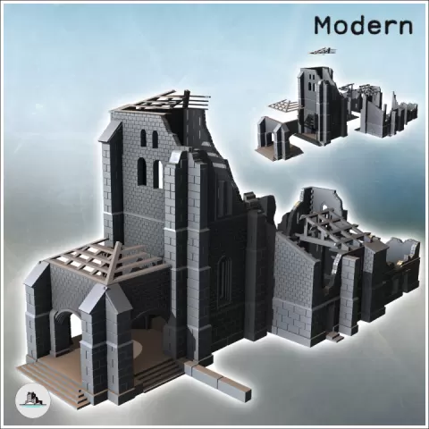 Ruined Spanish-style stone church with large corner buttresses and exposed wooden framework (19) - Modern WW2 WW1 World War Diaroma Wargaming RPG Mini Hobby by Hartolia Miniatures