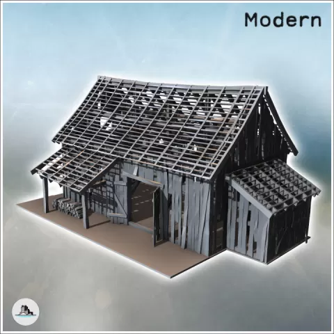 Ruined wooden building with exposed framework, side annex, and large doors (17) - Modern WW2 WW1 World War Diaroma Wargaming RPG Mini Hobby by Hartolia Miniatures