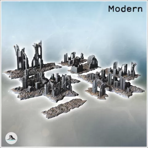 Set of Gothic cathedral ruins with large arches and collapsed wall sections (6) - Modern WW2 WW1 World War Diaroma Wargaming RPG Mini Hobby by Hartolia Miniatures