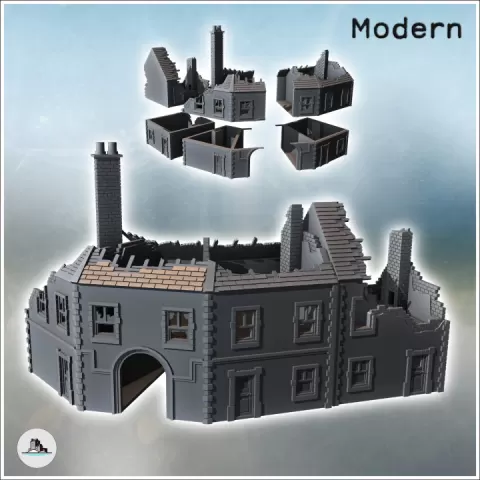 Set of two damaged buildings with a large central arch for passage, a chimney (38) - Modern WW2 WW1 World War Diaroma Wargaming RPG Mini Hobby by Hartolia Miniatures