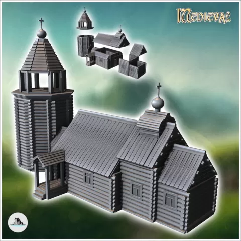 Orthodox Christian wooden church with entrance under a shelter with stairs and a large round bell tower (28) - Modern WW2 WW1 World War Diaroma Wargaming RPG Mini Hobby by Hartolia Miniatures