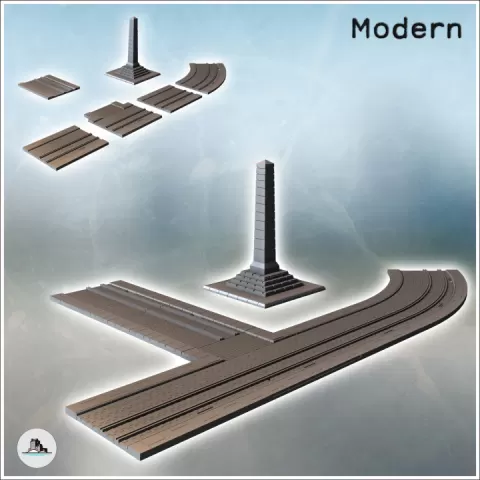 Modular urban paved road set and stone obelisk monument (25) - Modern WW2 WW1 World War Diaroma Wargaming RPG Mini Hobby by Hartolia Miniatures