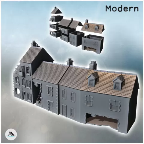 Set of four attached European ruined houses with chimneys and roof windows (22) - Modern WW2 WW1 World War Diaroma Wargaming RPG Mini Hobby by Hartolia Miniatures