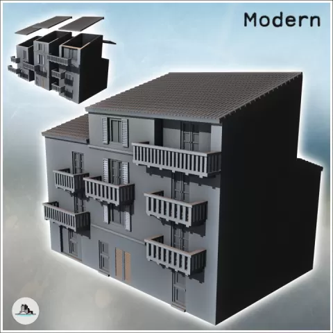 Modern single-sloped roof building with three balconied floors (15) - Modern WW2 WW1 World War Diaroma Wargaming RPG Mini Hobby by Hartolia Miniatures