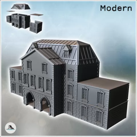 Large building with a zinc roof, hewn stone base, and flat-roofed side annexes (intact version) (7) - Modern WW2 WW1 World War Diaroma Wargaming RPG Mini Hobby by Hartolia Miniatures