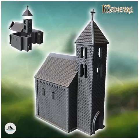 Christian chapel in hewn stone with a tiled roof and a gothic-style entrance door (4) - WW2 Medieval WW1 World War Diaroma Wargaming RPG Mini Hobby by Hartolia Miniatures