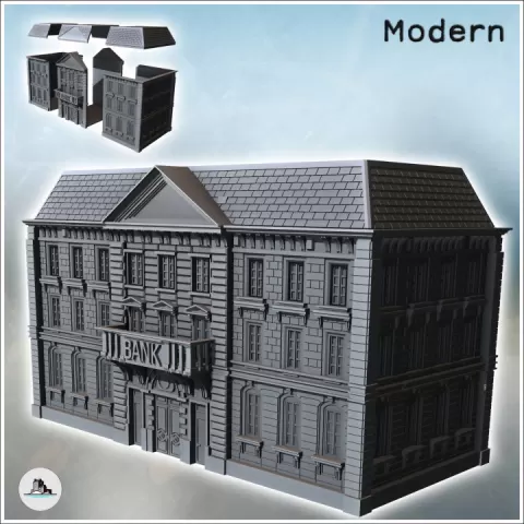 Grand neo-classical bank building with a sign, central balcony, and sculpted pediment (2) - Modern WW2 WW1 World War Diaroma Wargaming RPG Mini Hobby by Hartolia Miniatures