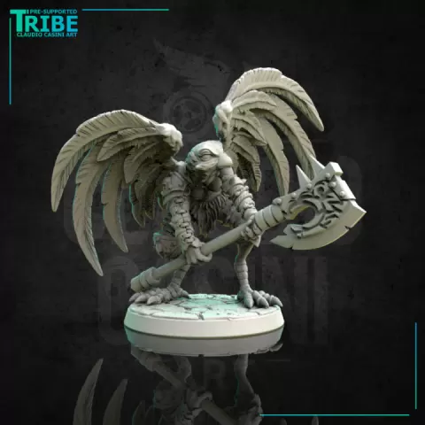 (0169) Female featherfolk bird man folk aarakocra barbarian warrior with a two hands axe by Claudio Casini Art