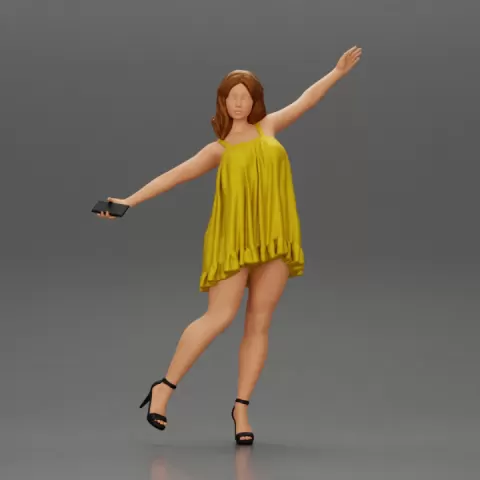 Happy Young Woman in dress and heels Standing on One Leg holding phone by 3DGeschaft Miniatures Figures